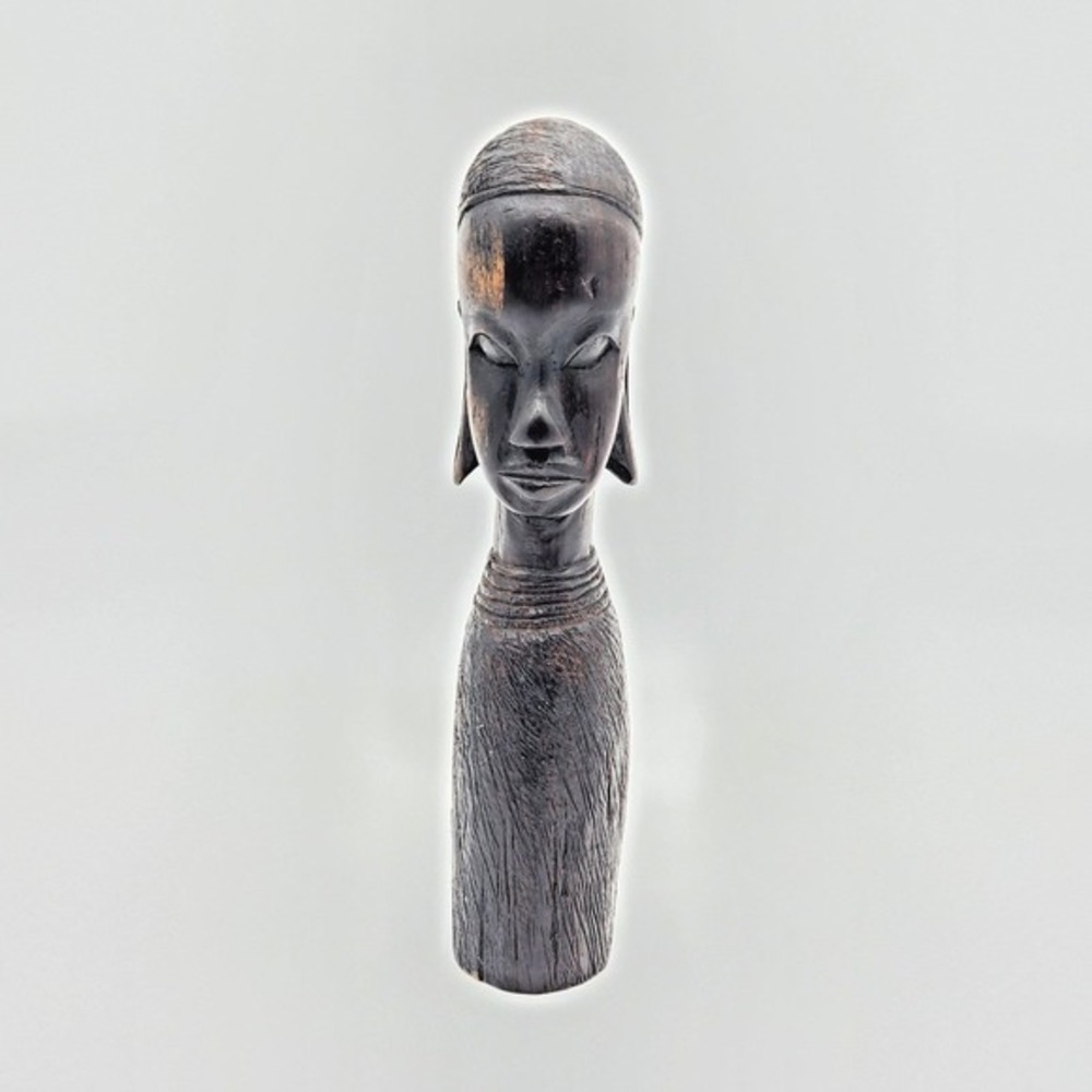 Vintage‎ African Hand Carved Ebony Wood Female Bust Elongated Head Figurine 9"